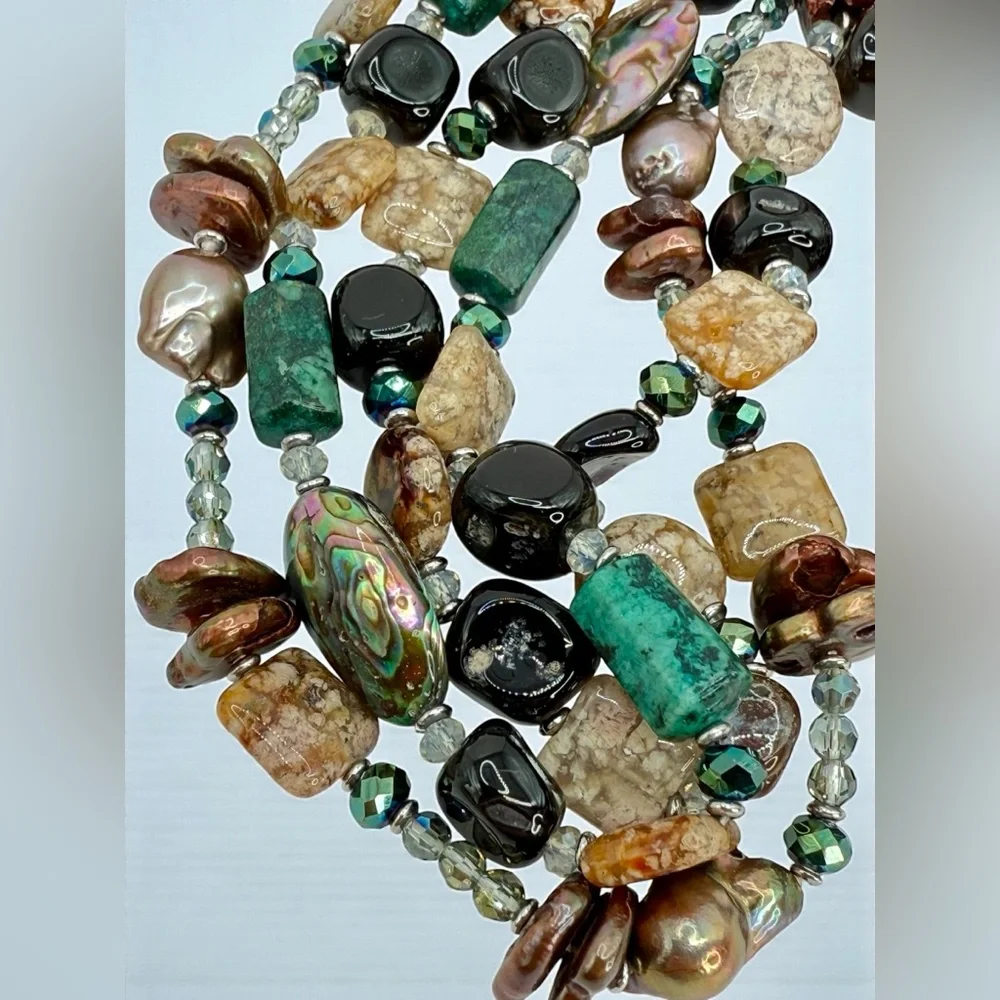 Three-Strand Multi-Gemstone Flameball Pearl Shell & Crystal Necklace 18” 20” 22” - Picture 4 of 17